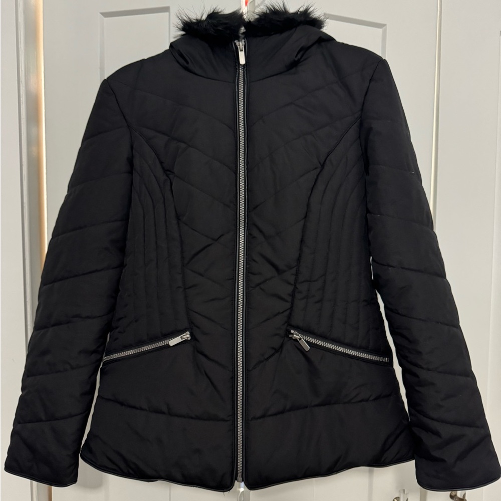 Celebrity Pink Black Puffer Jacket with Faux Fur Trim